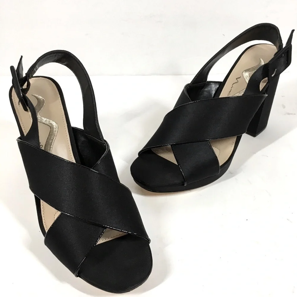 Nina New York Black Criss Cross Straps Platform Open Toe Sandal Heels Size 7.5M